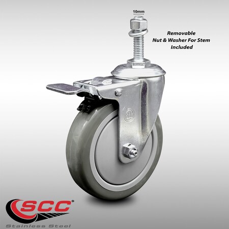 Service Caster 5 Inch SS Gray Polyurethane 10mm Threaded Stem Caster with Total Lock Brake SCC-SSTSTTL20S514-PPUB-M1015